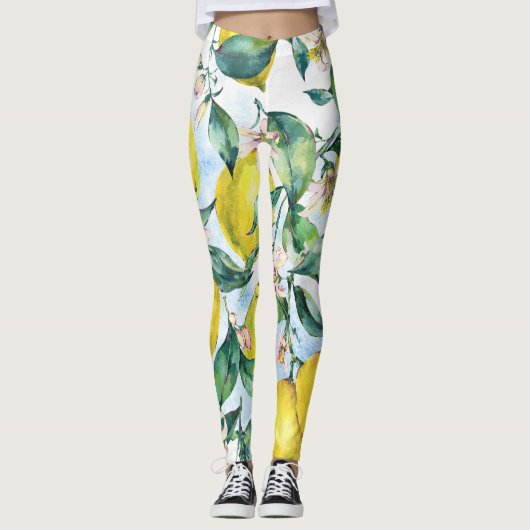 Leggings citrons d'aquarelle, branche d'agrumes frais. (Devant)