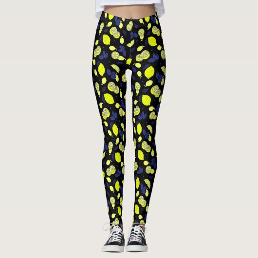 Leggings Citrons méditerranéens Feuille Bleu Jaune (Devant)