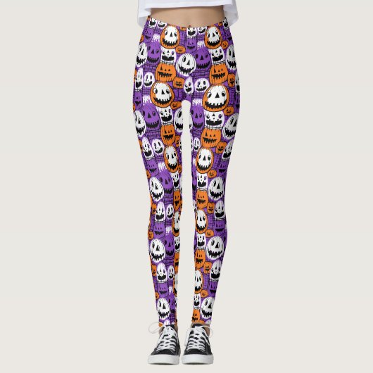 Leggings Citrouille de Halloween - Violet, Orange, Blanc (Devant)