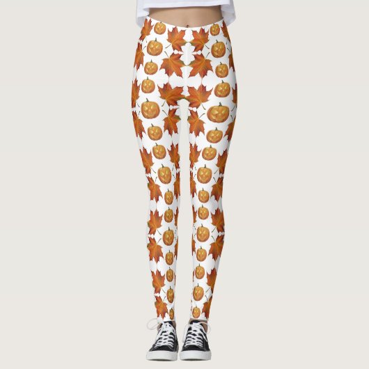 Leggings Citrouille d'Halloween et feuilles d'automne Motif (Devant)