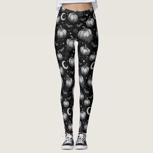 Leggings Citrouille d'Halloween noir et blanc, chauve-souri (Devant)