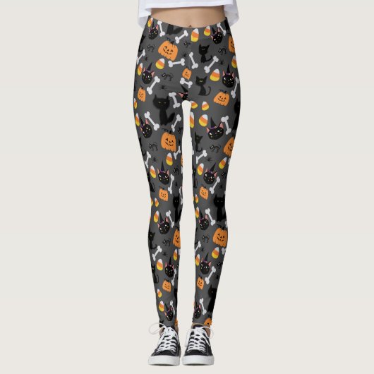 Leggings Citrouille Halloween et chats noirs Motif sans cou (Devant)