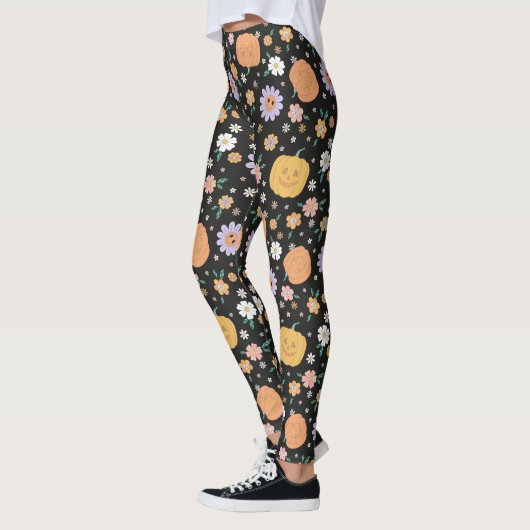 Leggings Citrouilles d'Halloween rétro et Motif de fleurs (Gauche)