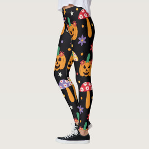 Leggings Citrouilles groovy Halloween fleurs et champignons
