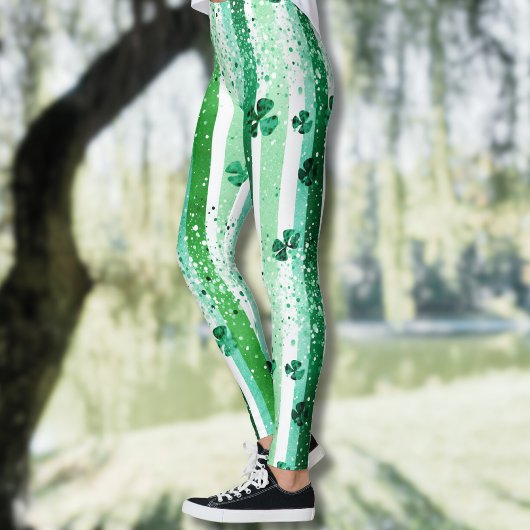 Leggings Classic Green White Vertical Stripes Shamrocks