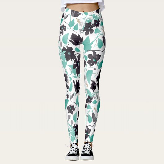 Leggings Clematis Vin Floral Gris Turquoise Aquarelle