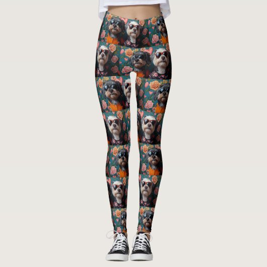 Leggings Cockapoo avec roses du cœur pour la Saint-Valentin (Devant)