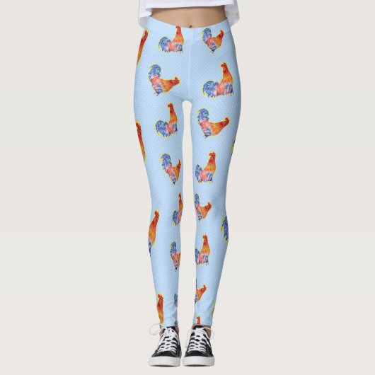 Leggings Cockerel Rooster Rouge Drôle et Zones Bleues et Bl (Devant)