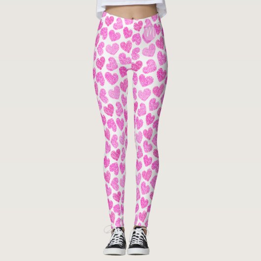 Leggings Coeur rose mignon Doodled Saint Valentin Monogramm (Devant)