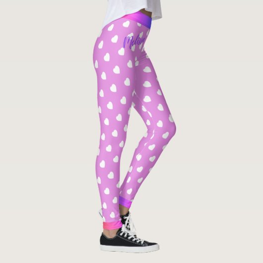 Leggings Coeurs blancs avec votre nom sur rose (Droite)