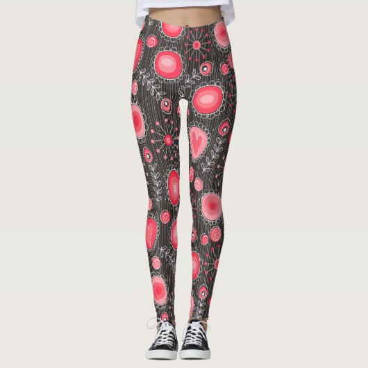 Leggings Coeurs blancs et gris et fleurs florales (Devant)