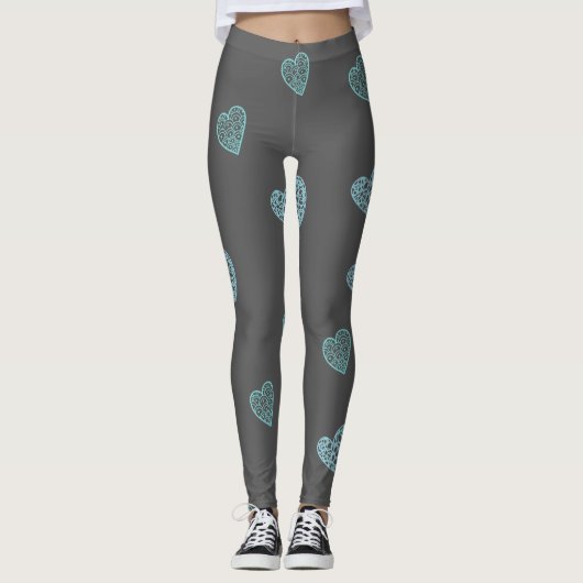 Leggings Coeurs de Doodle Bleu Jambes Gris (Devant)