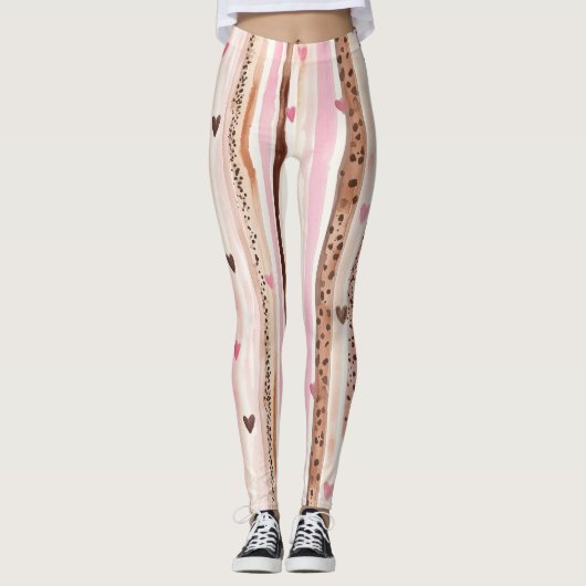 Leggings Coeurs Empreintes de léopard Brown roses rayures (Devant)