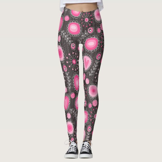 Leggings Coeurs et fleurs Whimsical rose et gris (Devant)