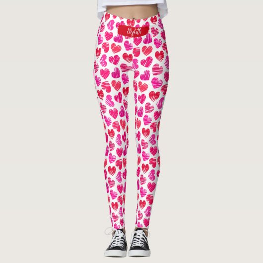 Leggings Coeurs griffés rouges et roses modernes Valentine (Devant)
