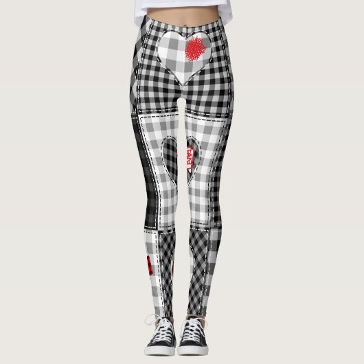Leggings Coeurs Noir Blanc Patchwork Sans Couleur. (Devant)