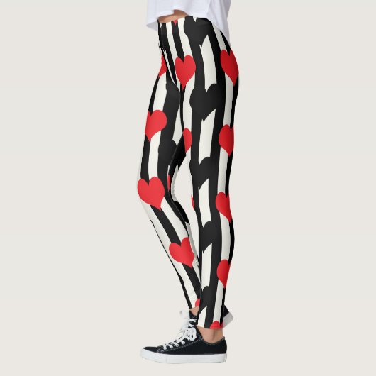 Leggings Coeurs Noirs Rouges Sur Bandes Blanches Noires (Gauche)
