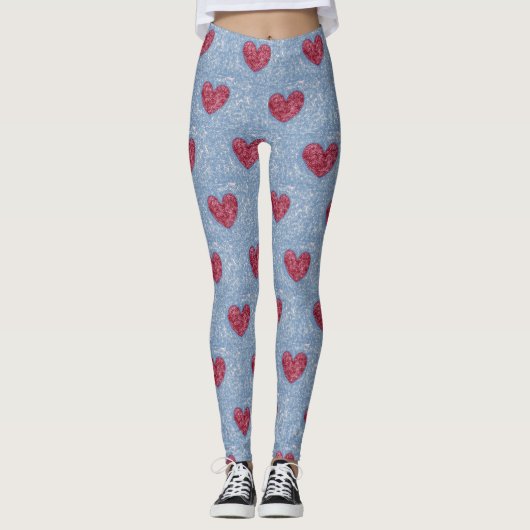 Leggings Coeurs rouge & rose & bleu Faux Fuzzy Design (Devant)