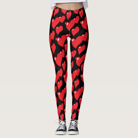 Leggings "Coeurs rouges sur Arrière - plan noir" (Devant)