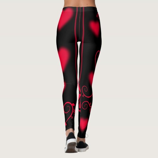 Leggings Coeurs rouges, vignes et fleurs en noir (Dos)
