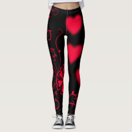 Leggings Coeurs rouges, vignes et fleurs en noir