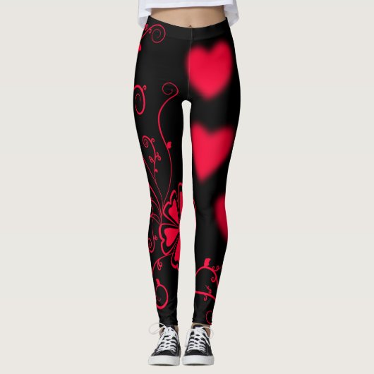 Leggings Coeurs rouges, vignes et fleurs en noir (Devant)