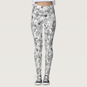 Leggings Colibris et fleurs d'hibiscus b&w