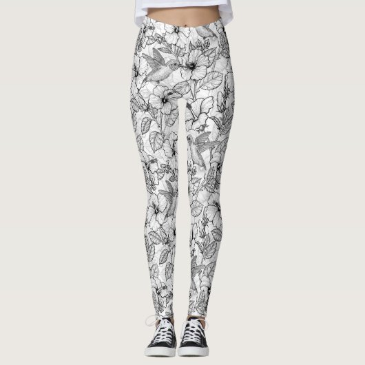 Leggings Colibris et fleurs d'hibiscus b&w (Devant)