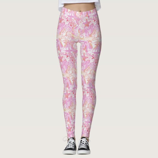 Leggings Collage de plage nautique Hot Pink ID840 (Devant)