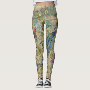 Leggings Collage rose vert-bleu en ivoire vintage de paon