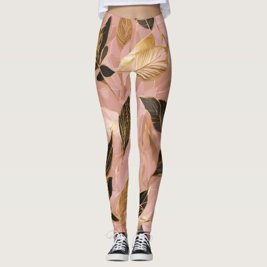 Leggings Collection de Feuilles Boho Populaire en or rose (Devant)
