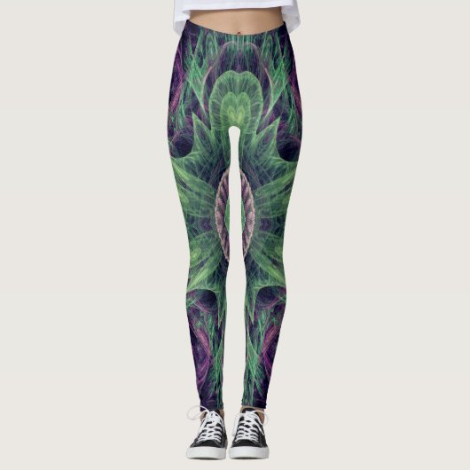 Leggings Conception Abstraite fractale violet et verte (Devant)