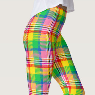 Leggings Conception de carreaux Madras jaune vert rose 
