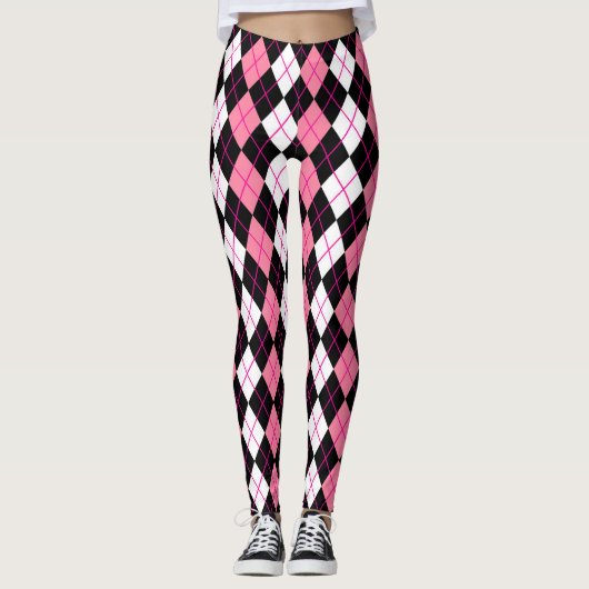 Leggings Conception de diamant en argyle rose noir blanc  (Devant)