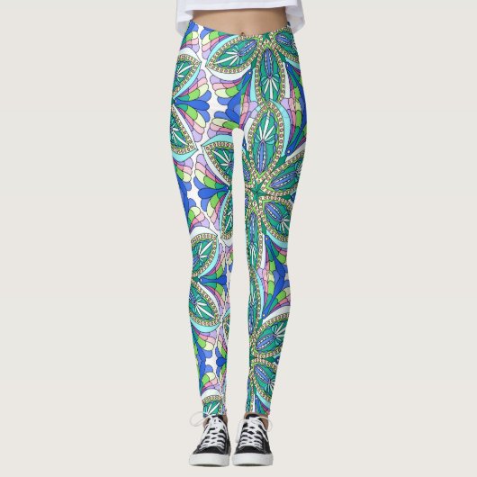 Leggings Conception de mandala floral, nuances pastel vives (Devant)