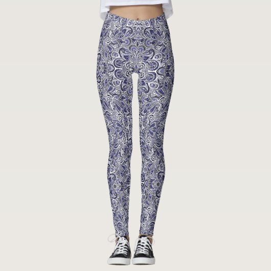 Leggings Conception de motifs de paisley bleu blanc mignons (Devant)