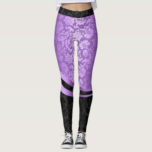Leggings Conception géométrique des damas violet et noir (Devant)