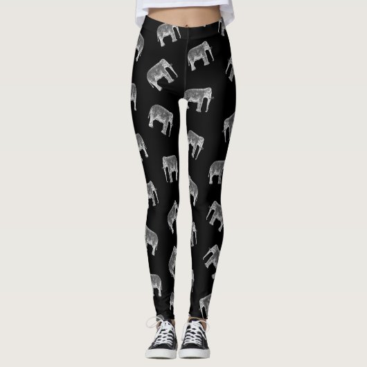 Leggings Conception noire et blanche de rétro d'éléphant (Devant)