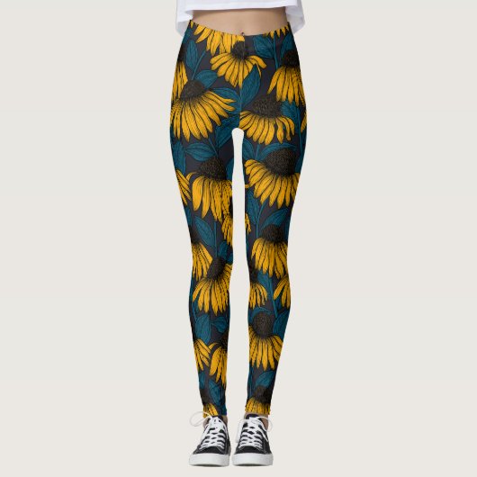 Leggings Confleurs jaunes sur bleu foncé (Devant)