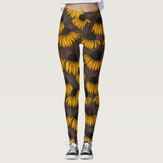Leggings Confleurs jaunes sur brun foncé (Devant)