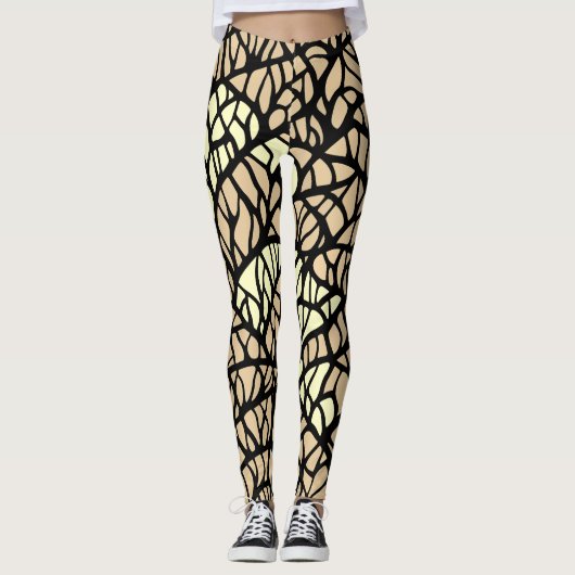 Leggings Cool Abstrait Géométrique Beige Black Lines Motif (Devant)