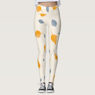 Leggings Cool Bleu & Jaune Doré Feuilles Sur Crème