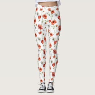 Leggings Coquelicots et fleurs sauvages blanches de prairie