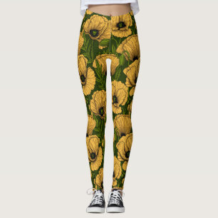 Leggings Coquelicots jaunes sur vert foncé