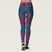 Leggings Coquelicots rouges et fleurs bleues sur bleu (Dos)