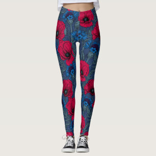 Leggings Coquelicots rouges et fleurs bleues sur bleu