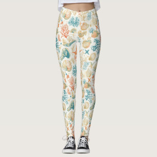Leggings Coquilles Fantaisistes & Corail avec Accents Bleus
