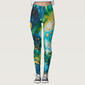 Leggings Cosmos d'encre d'alcool bleu vert or (Devant)