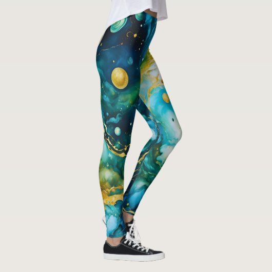 Leggings Cosmos d'encre d'alcool bleu vert or (Droite)