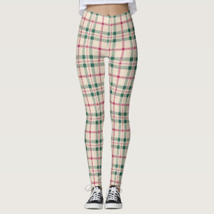 Leggings Cosy crème Tartan Plaid Pink & Green Checks